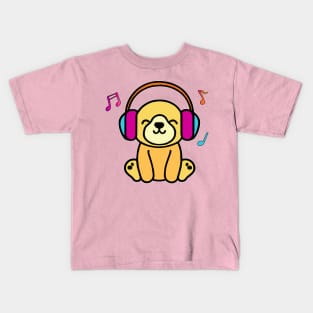 Happy smiling baby dog puppy with headphones. Kawaii cartoon Kids T-Shirt